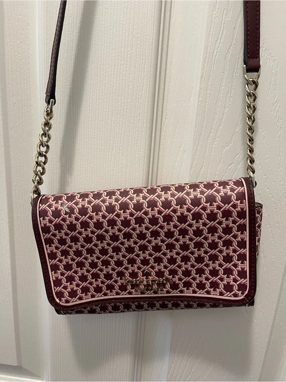 kate spade Burgundy Patterned Crossbody with Chain and Leather Strap